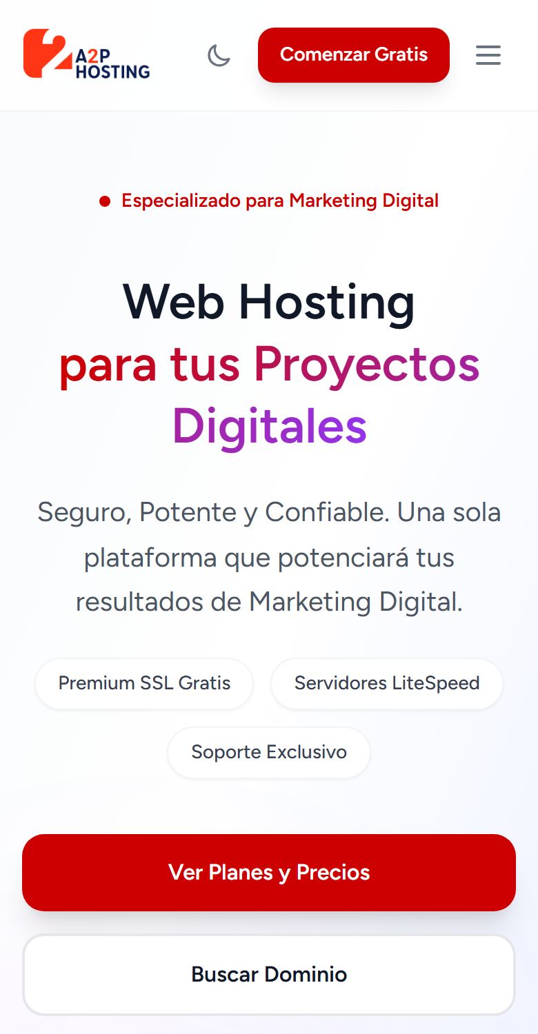 A2P Hosting homepage on mobile