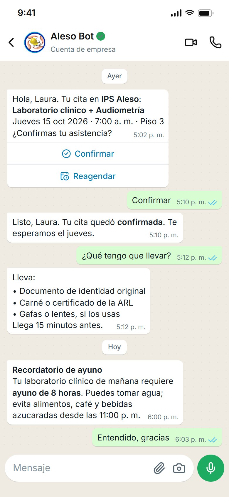Patient WhatsApp chat with confirmation and fasting reminder