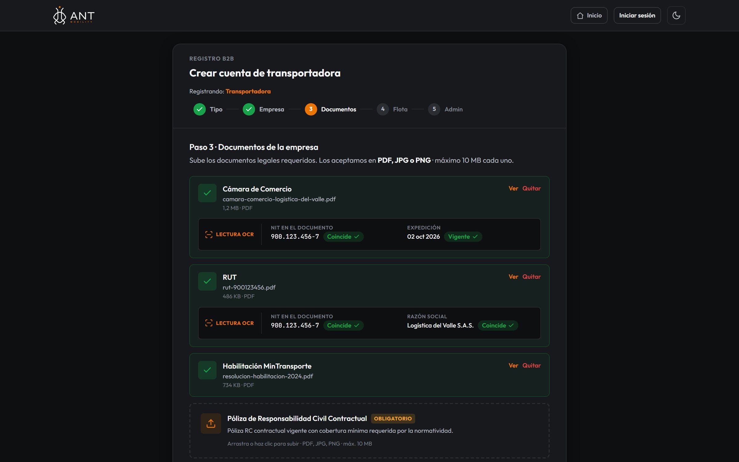Carrier onboarding with OCR document checks