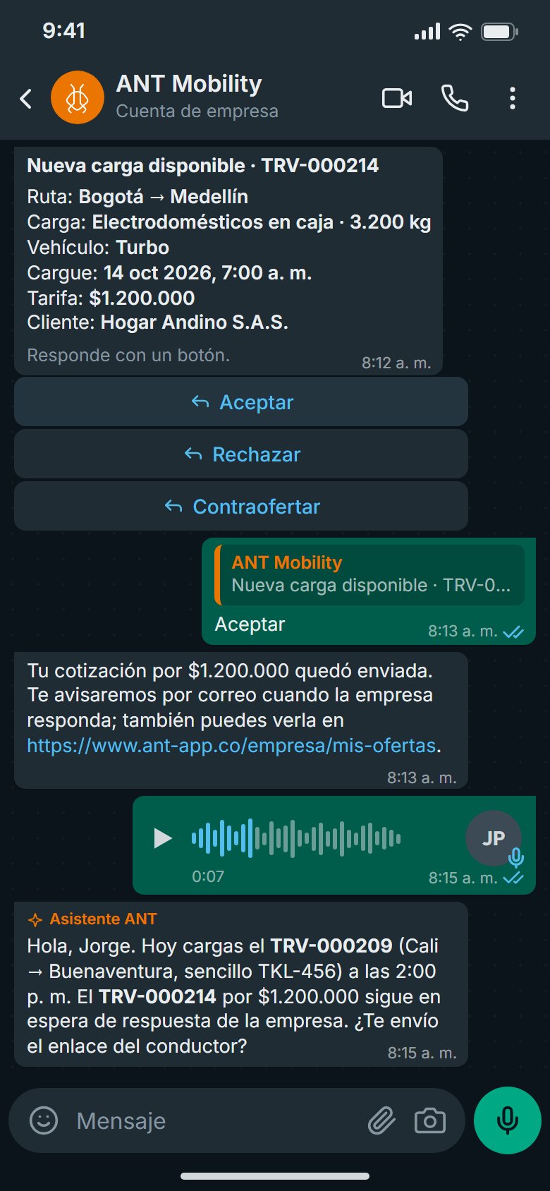 WhatsApp load offer with action buttons and AI agent reply