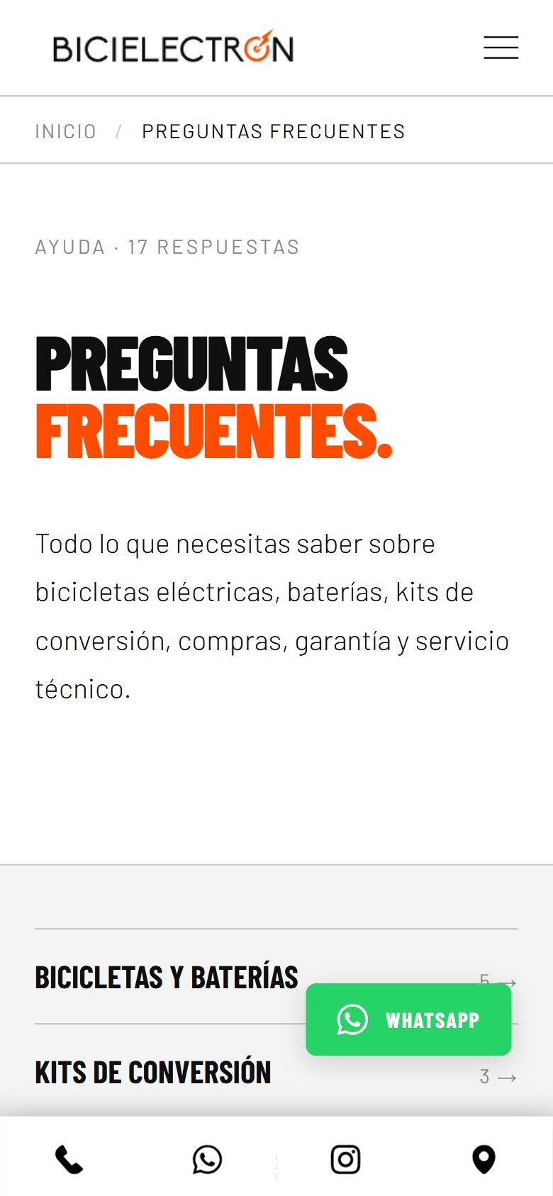 Página de preguntas frecuentes de Bicielectron en celular