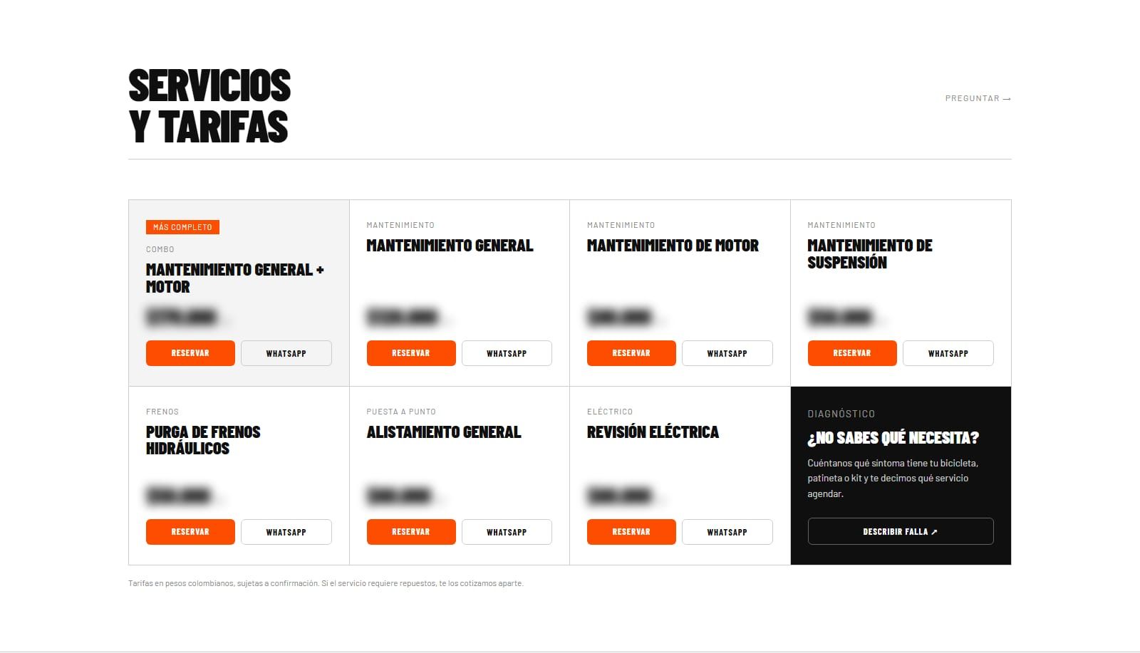 Servicios del taller con botones de reserva