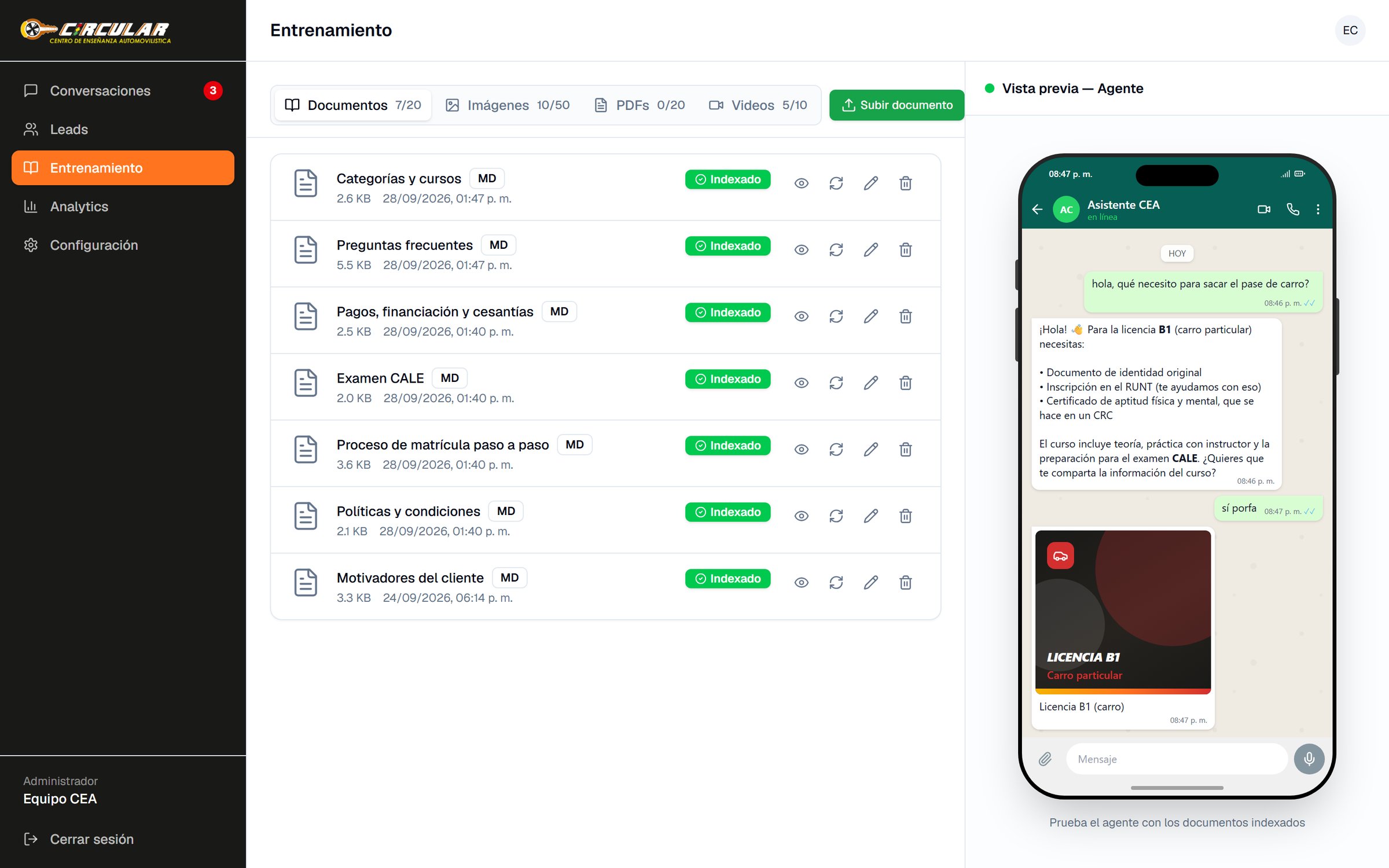 Training: indexed documents and phone simulator