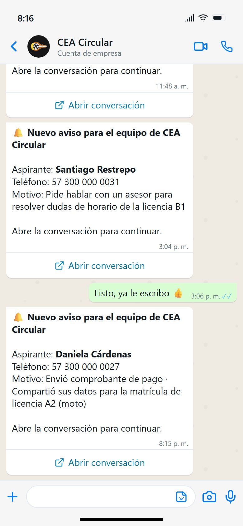 Escalation alert on the advisor’s WhatsApp
