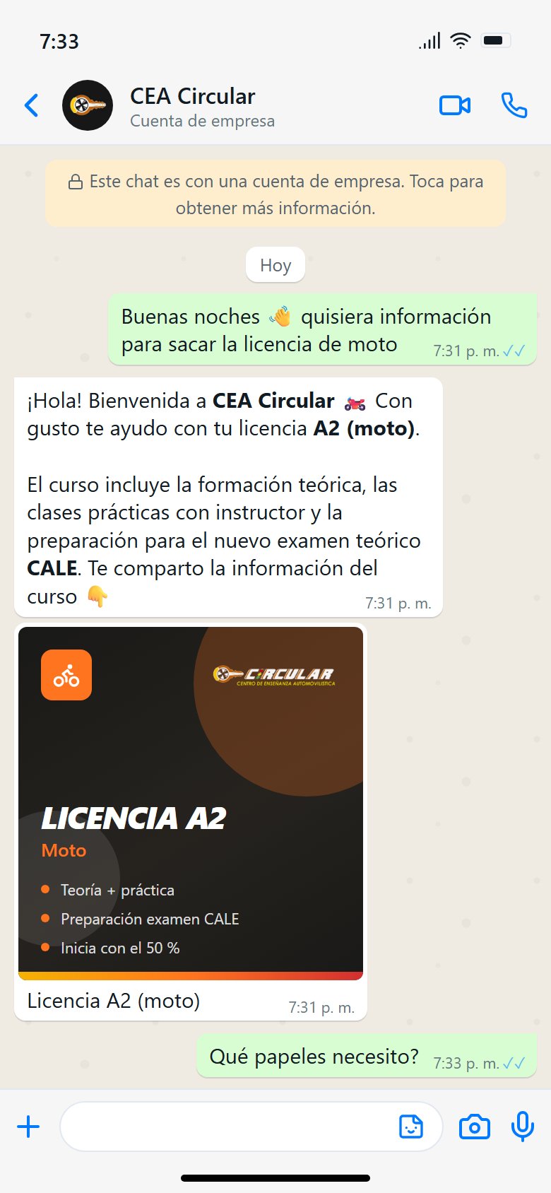 Student WhatsApp chat with license flyer