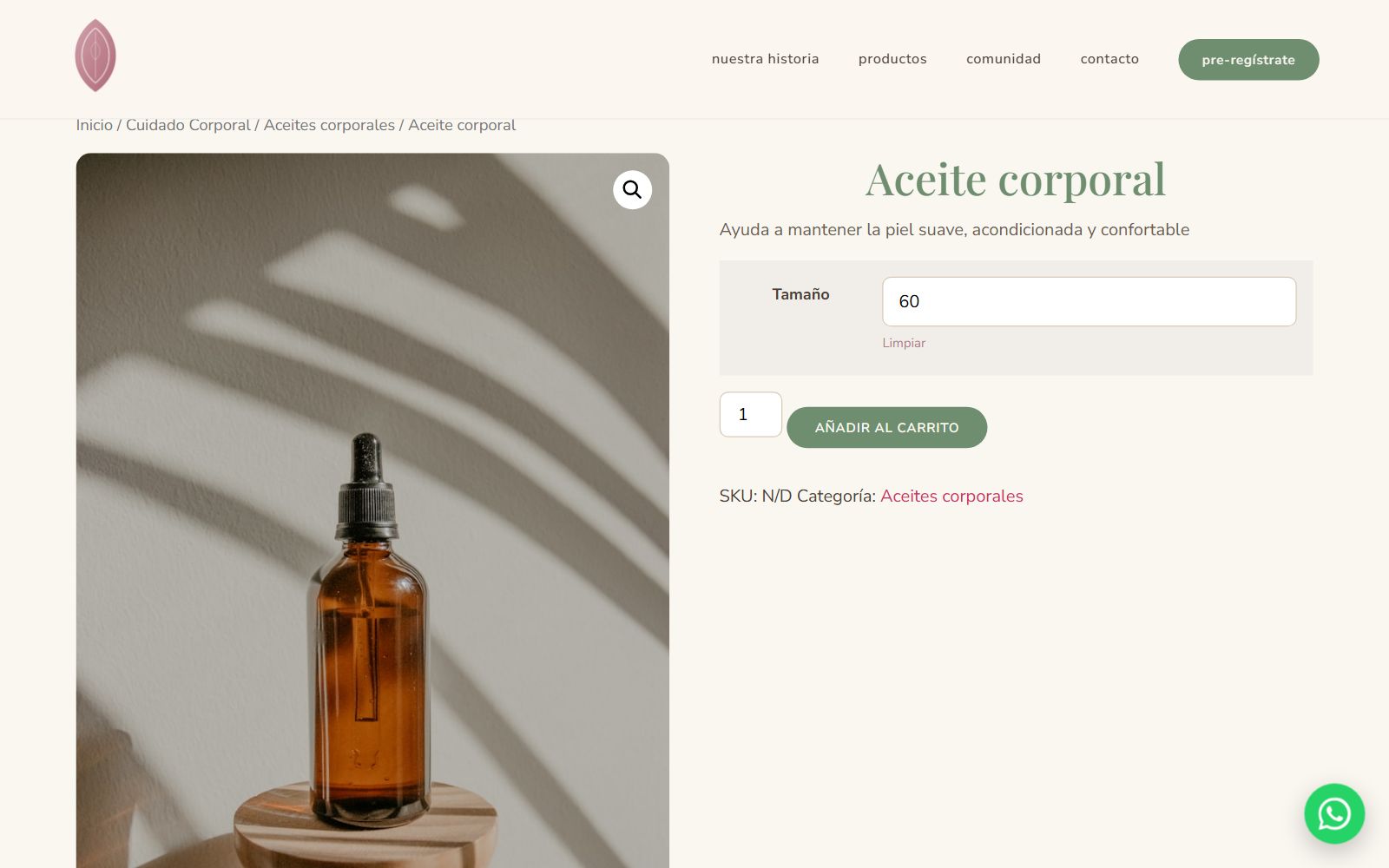 Dalú product page with a size selector
