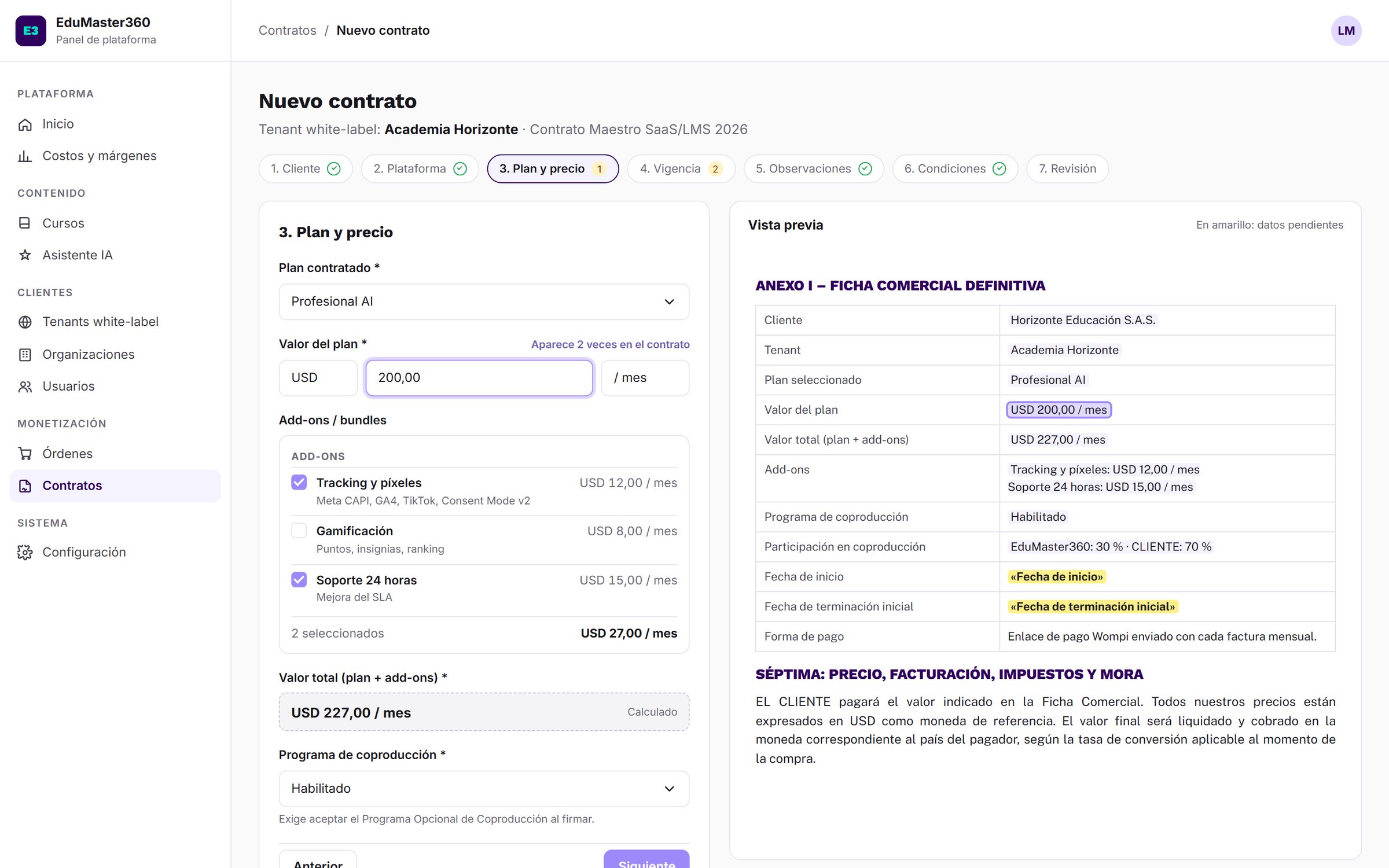 Contract wizard with live preview