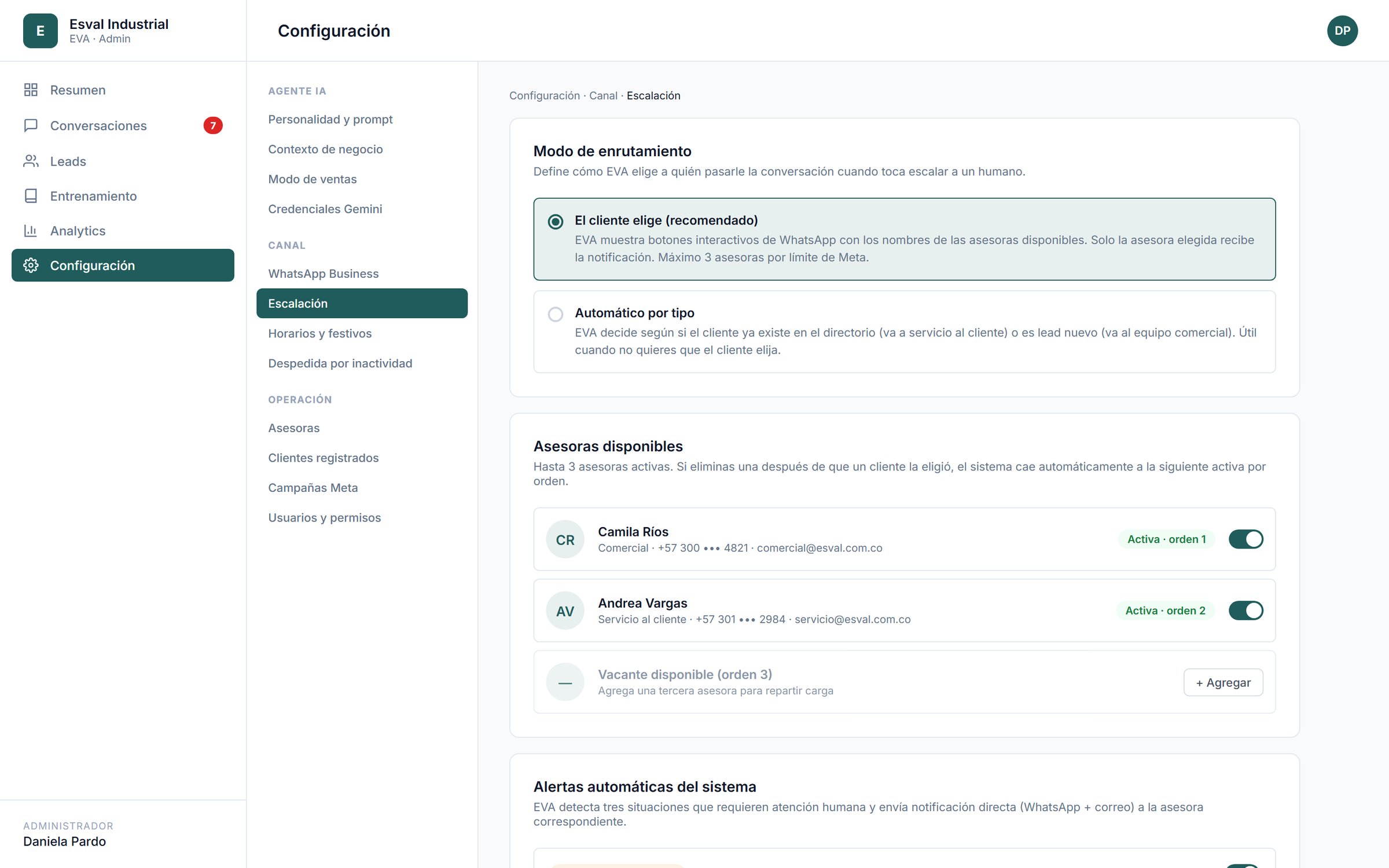 Escalation routing settings with available advisors