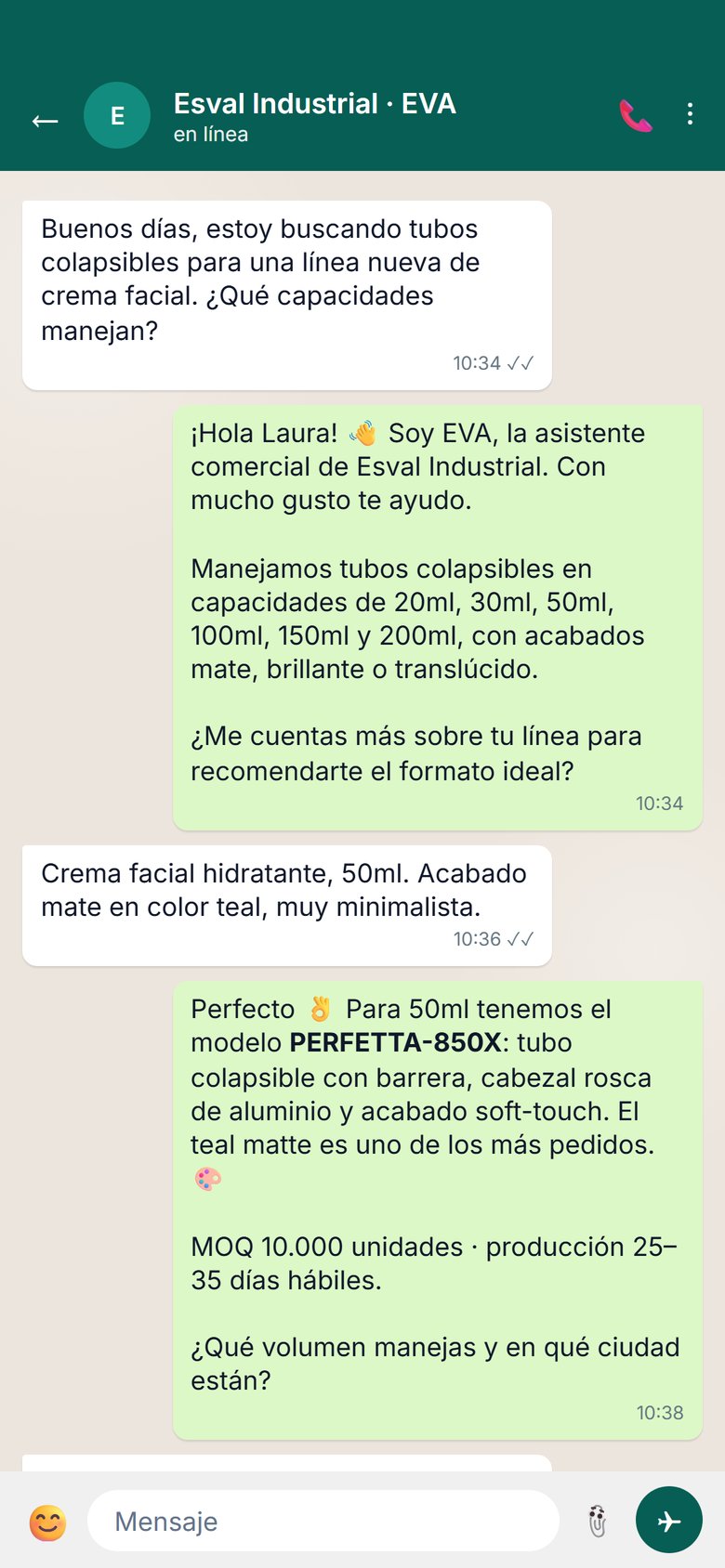Customer WhatsApp chat with EVA