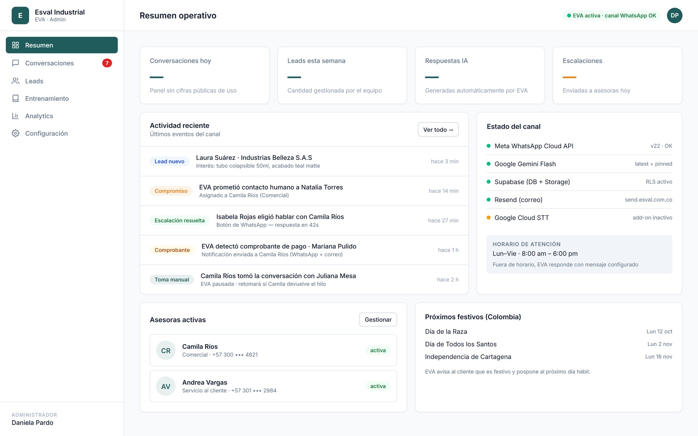 Operations summary with channel status and recent activity