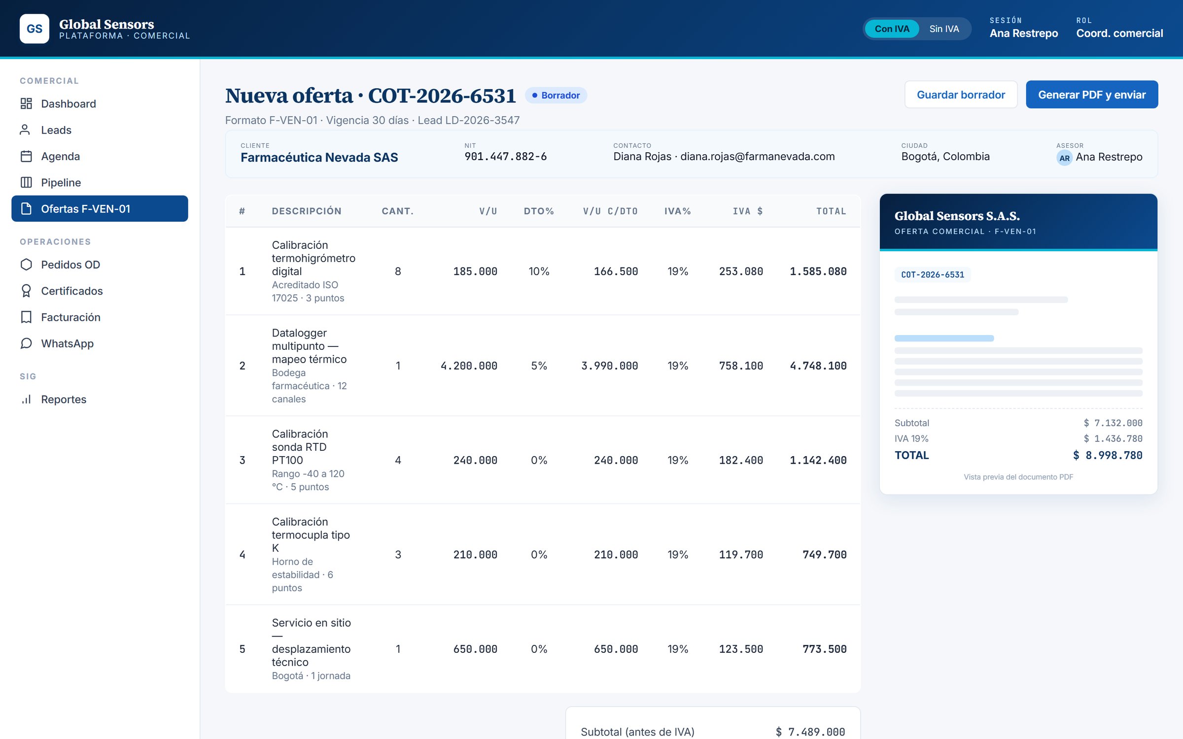 Constructor de ofertas con IVA por ítem y vista previa del PDF