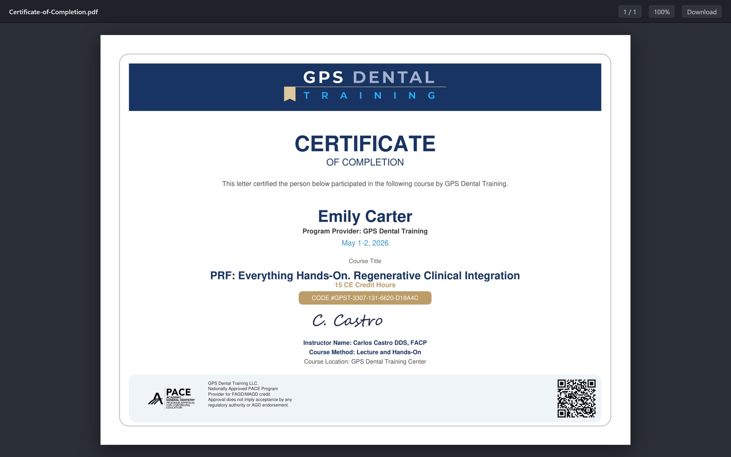 Branded CE certificate of completion with validation QR
