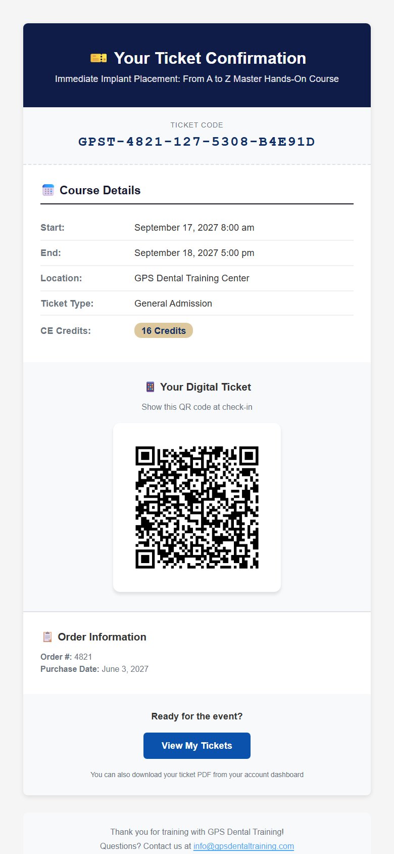 QR ticket confirmation email on mobile
