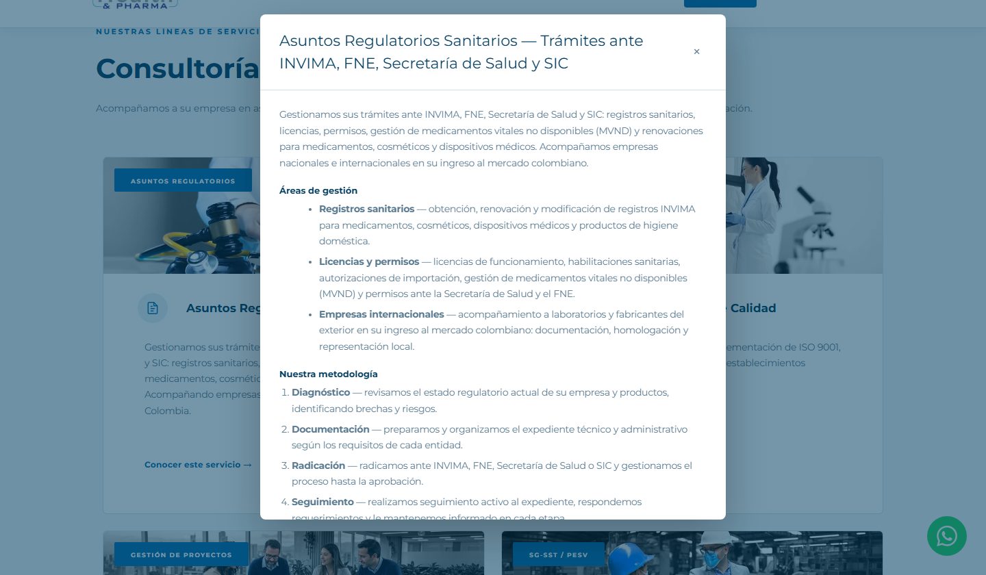 Detail modal for the Health Regulatory Affairs service