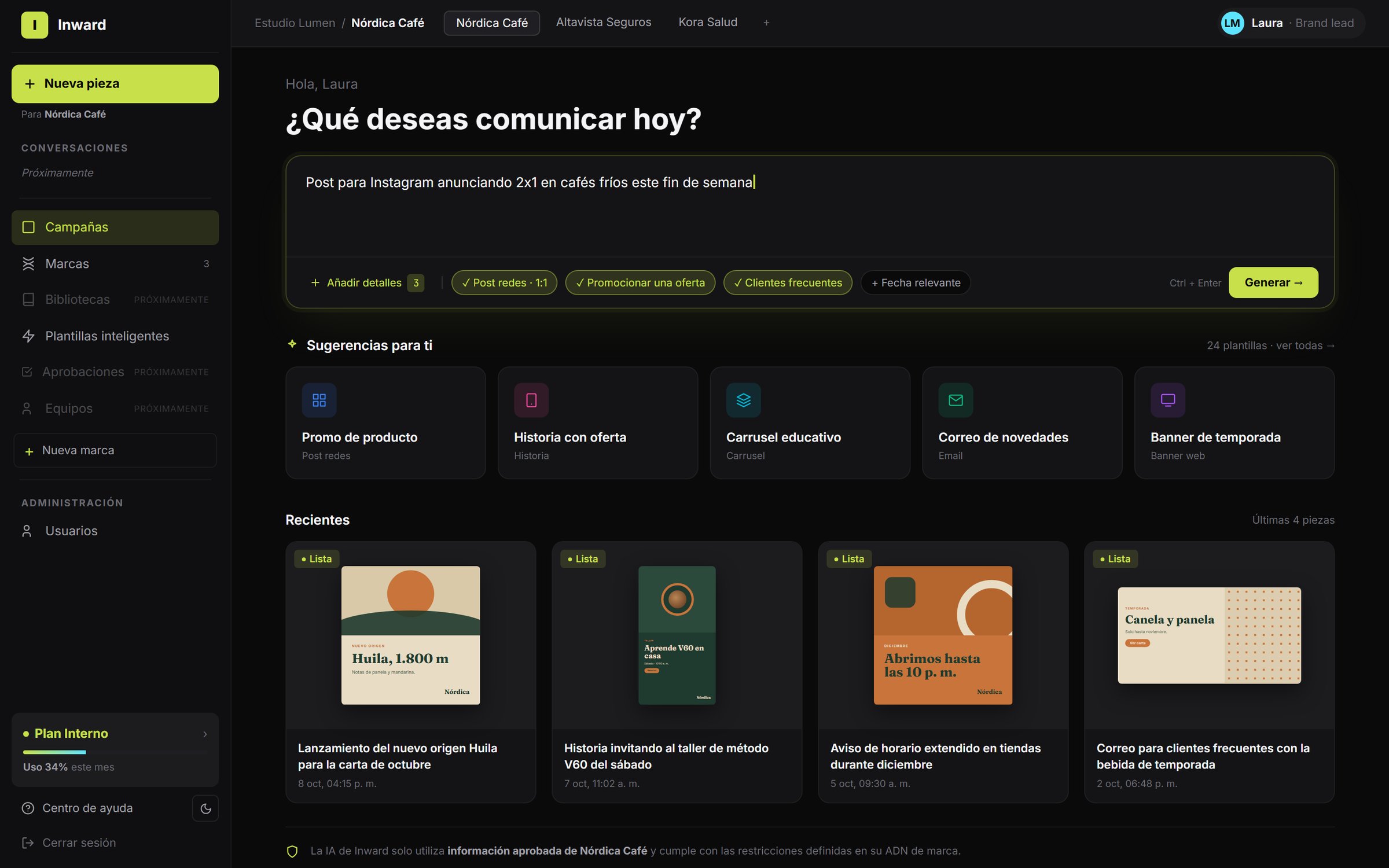 Brand workspace with a natural-language brief for a new piece