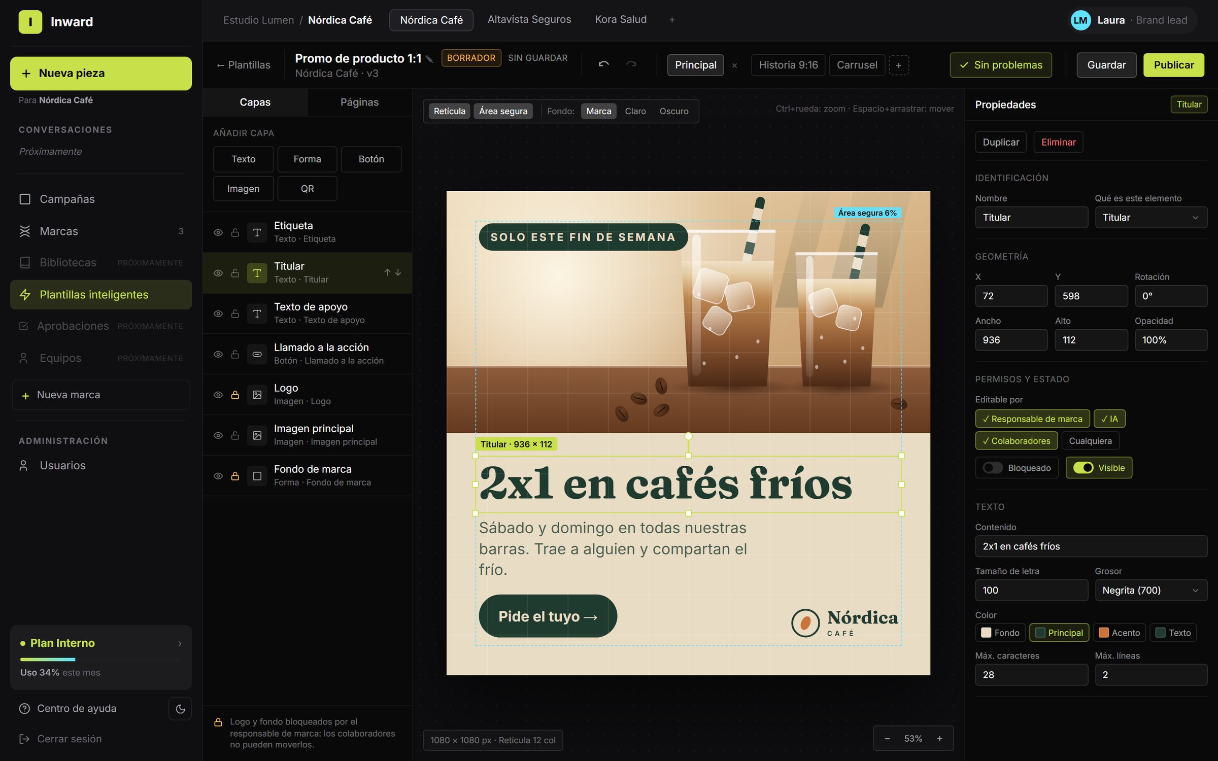Template Lab visual editor with layers, grid and safe area