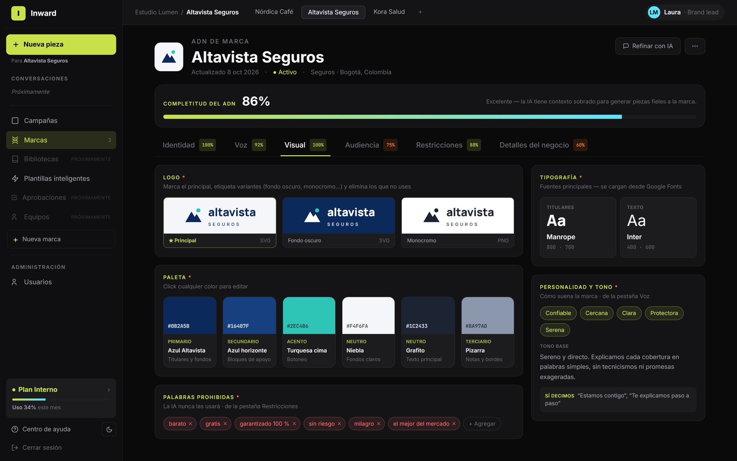 Brand DNA with logo, palette roles, typography, tone and banned words