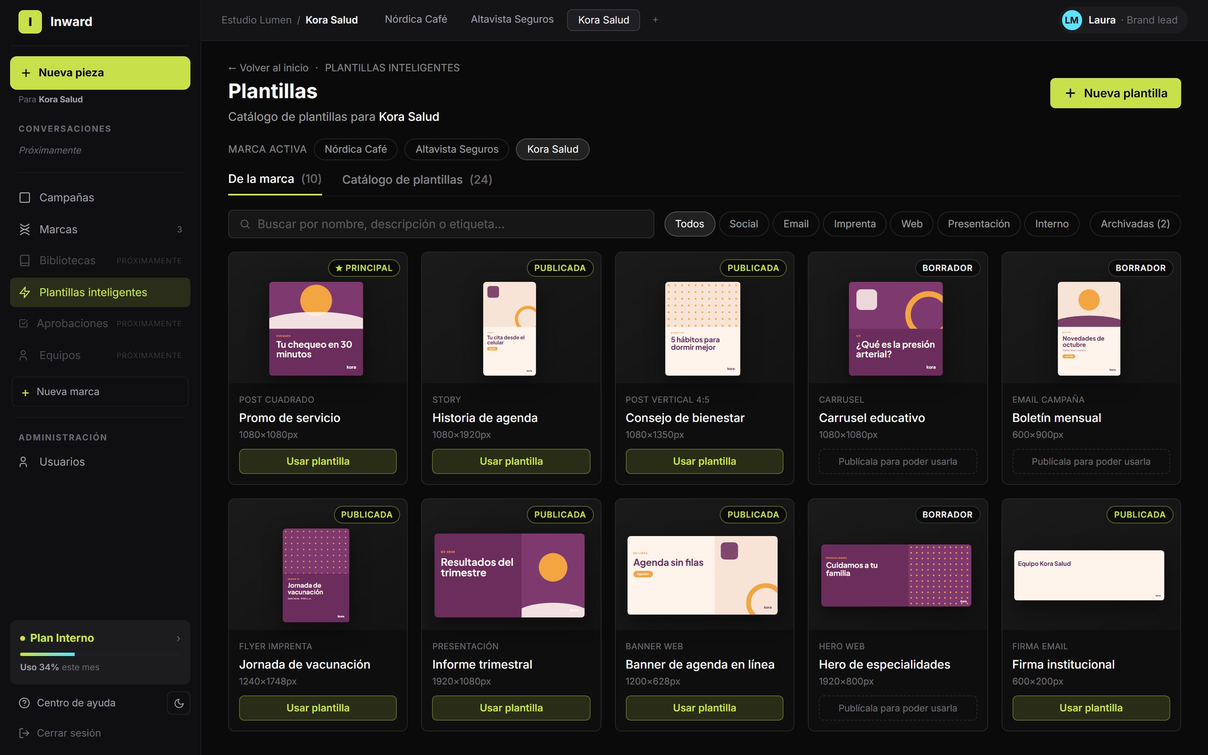 Template catalog by format with published and draft states