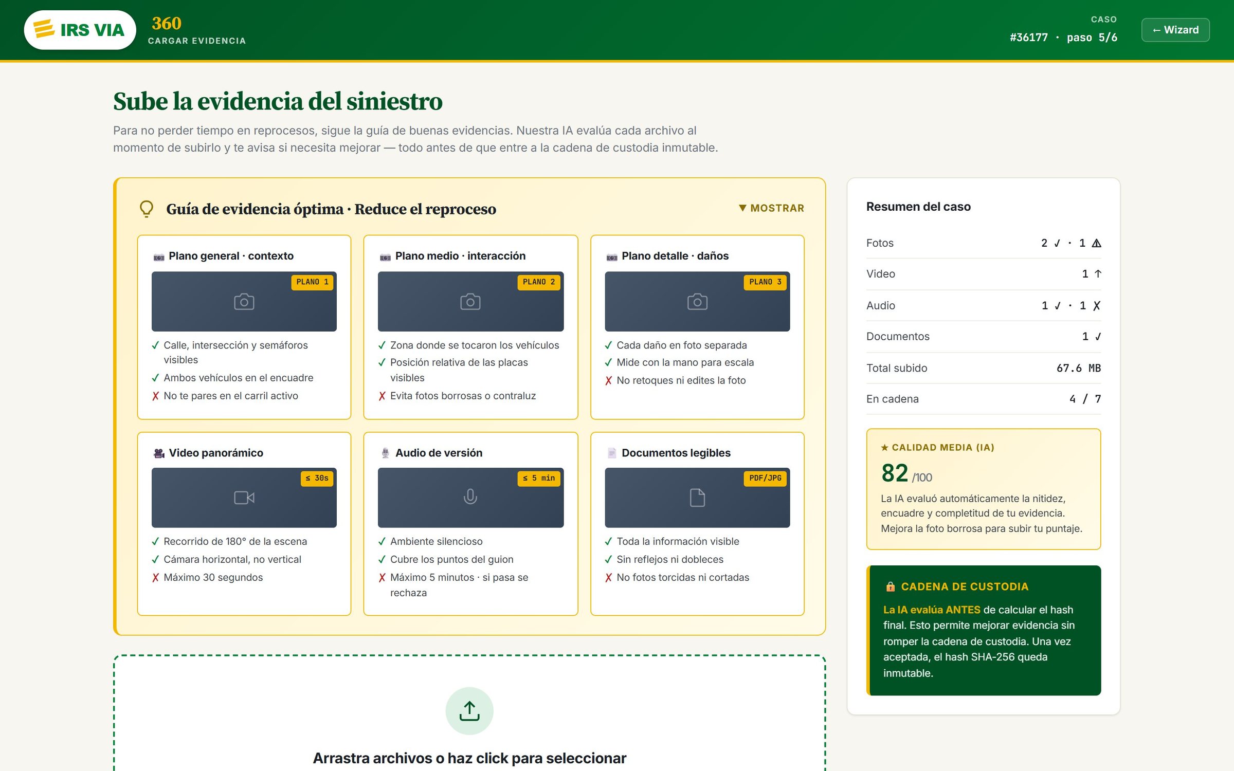 Paso de evidencia con evaluación de calidad de fotos por IA