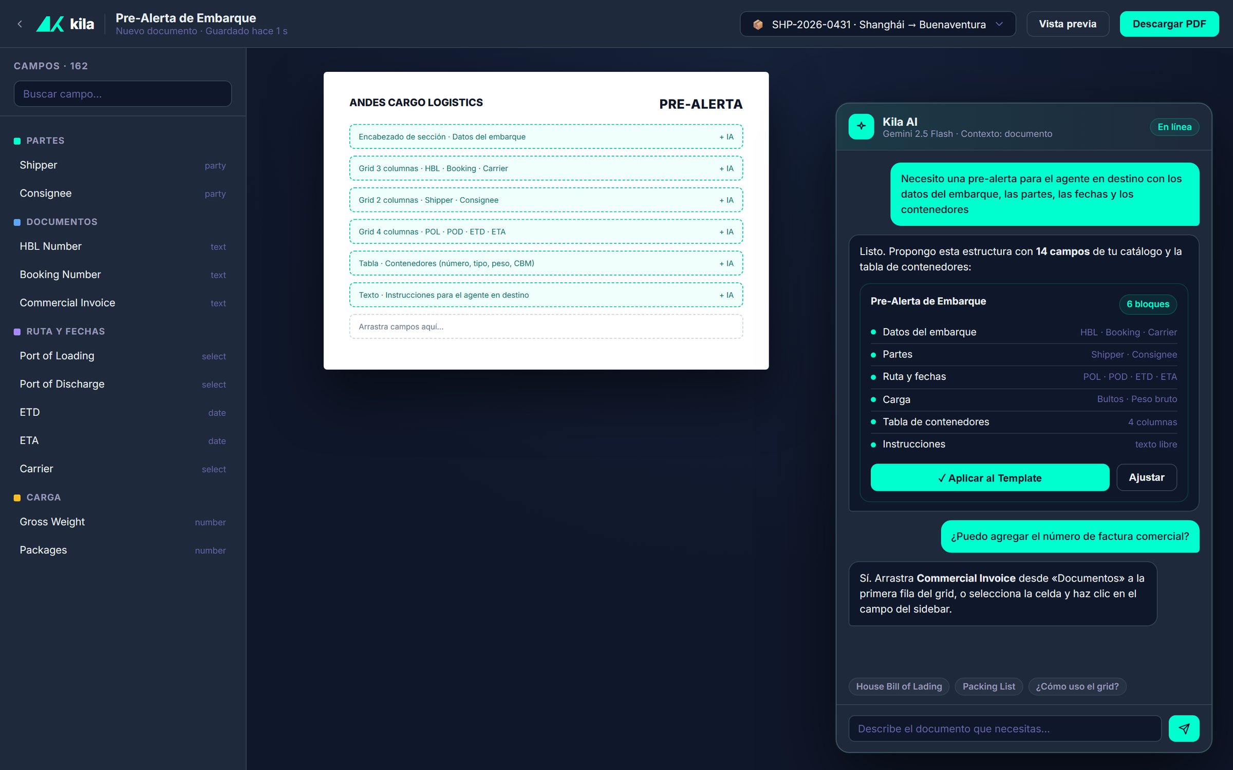 Kila AI proposing a shipment pre-alert template