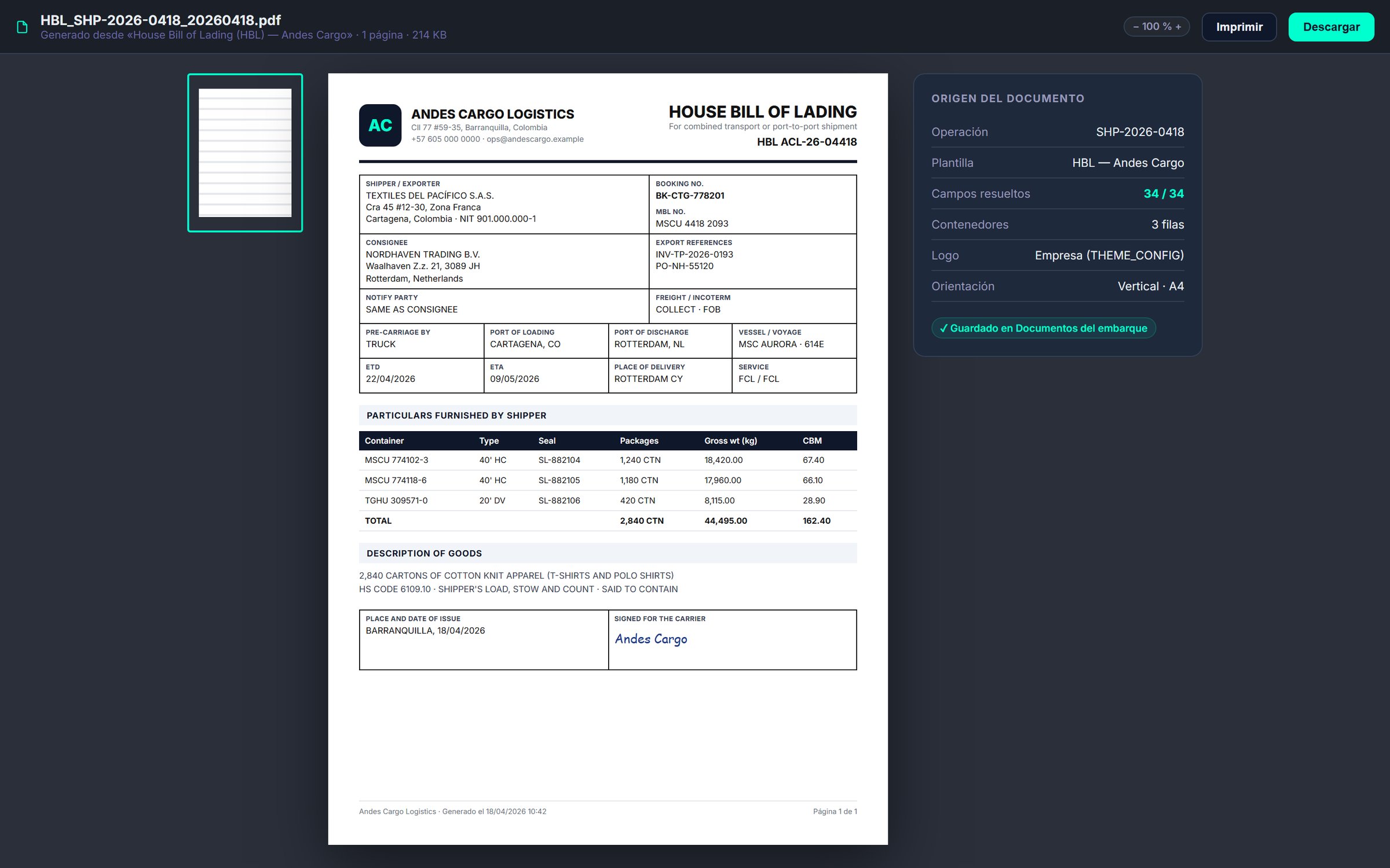 Generated House Bill of Lading PDF