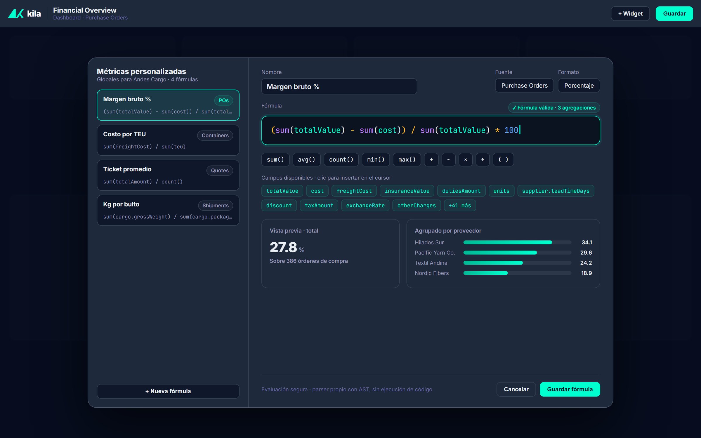 Custom KPI formula editor with live validation