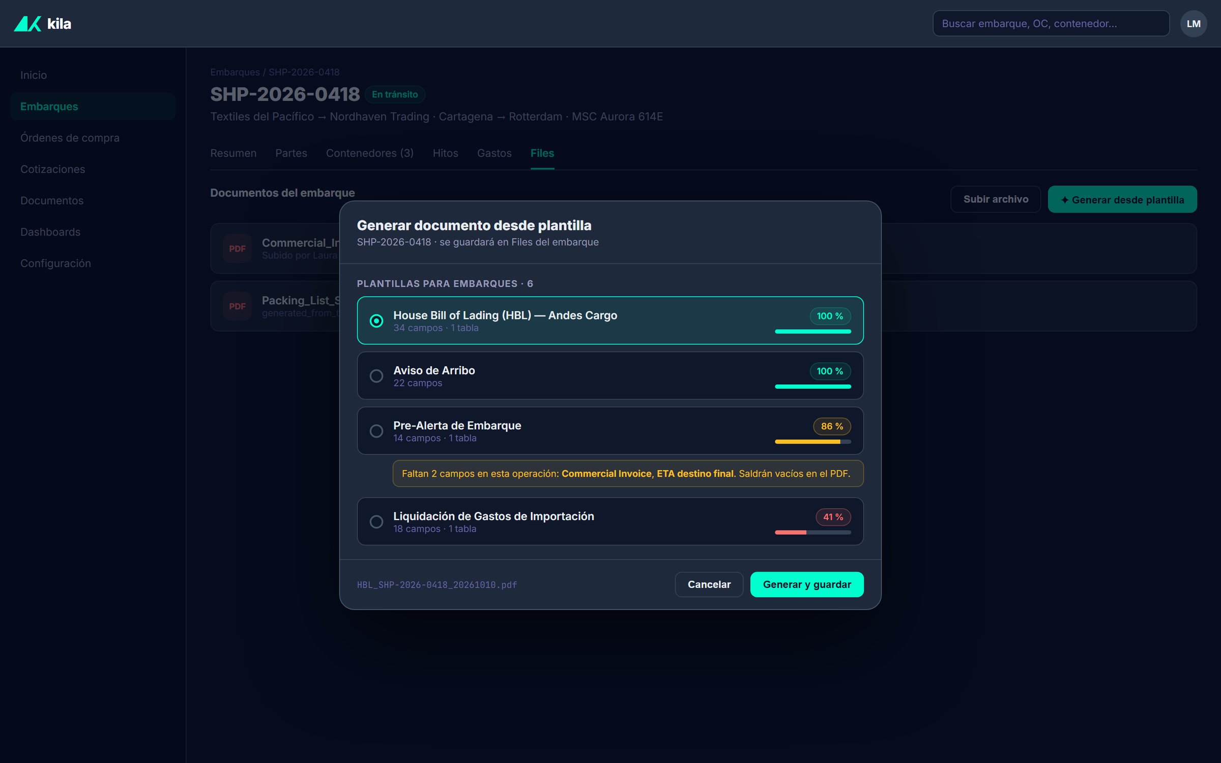 Generate-from-template modal inside a shipment with coverage badges