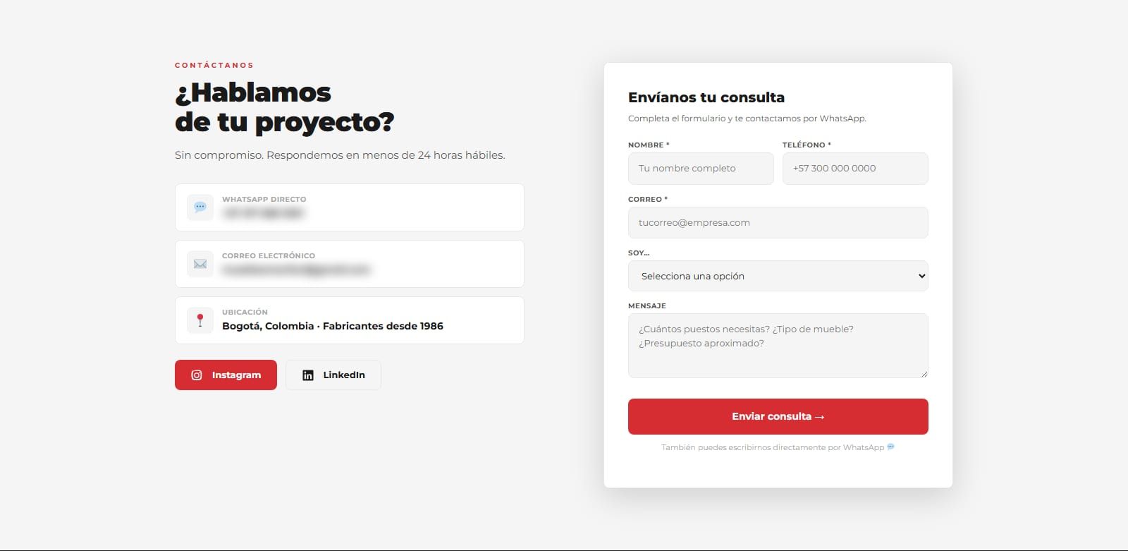 Contact section with a form that opens WhatsApp