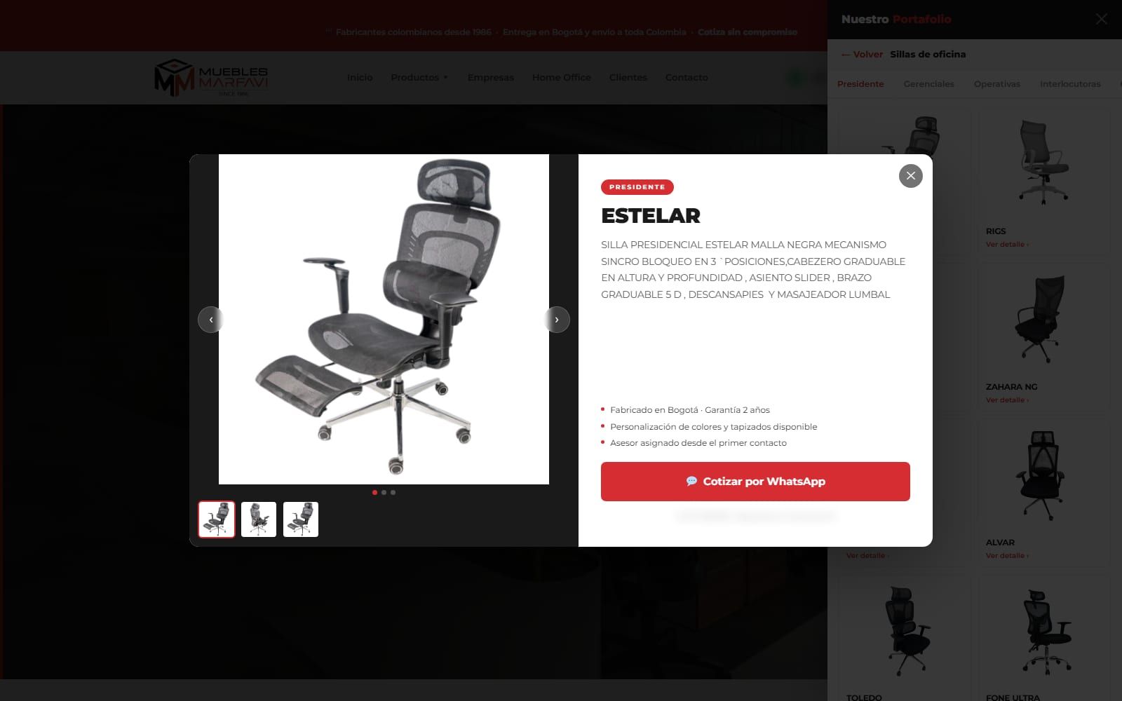 Product sheet modal with gallery and WhatsApp quote button