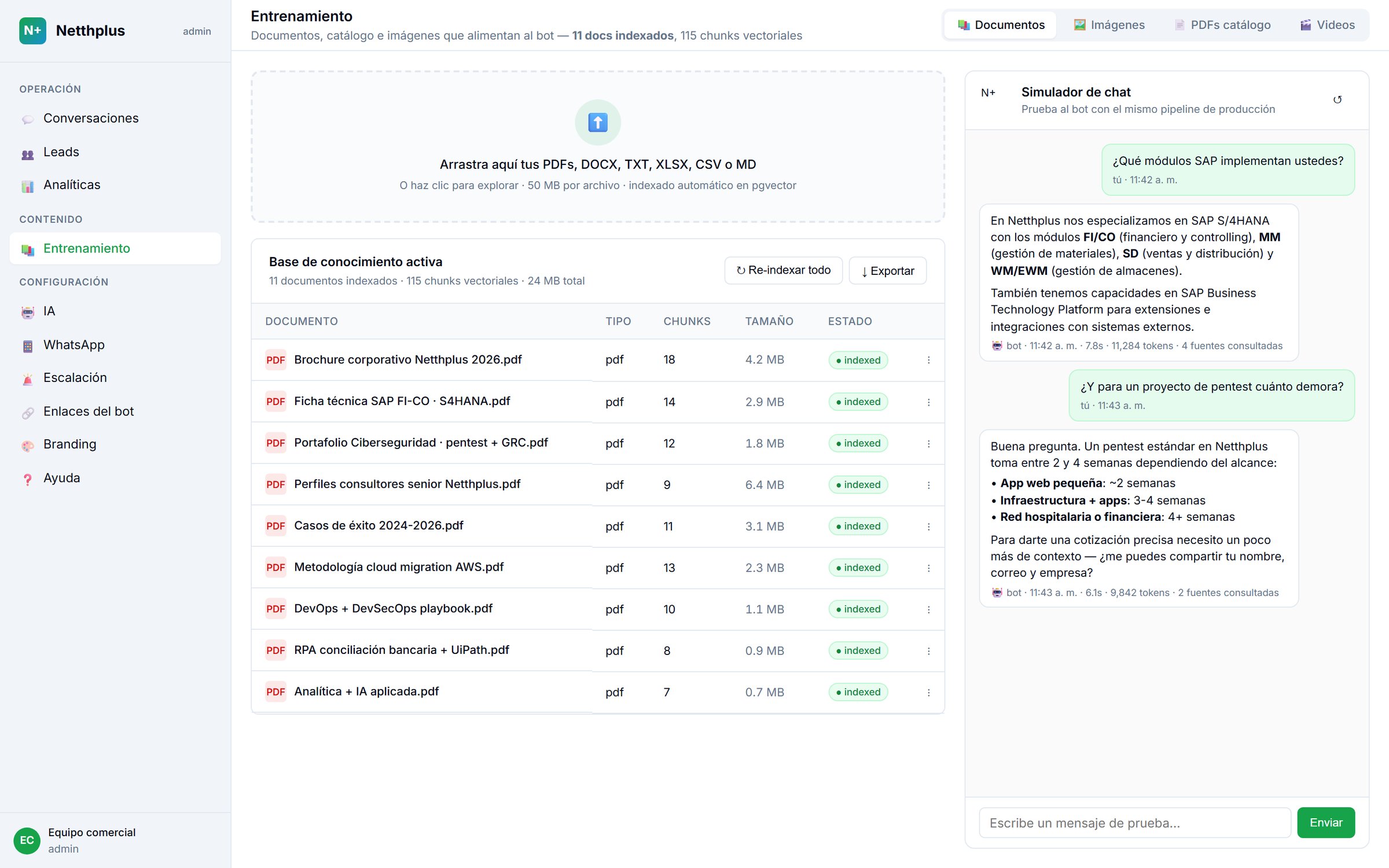 Training studio with indexed documents and chat simulator