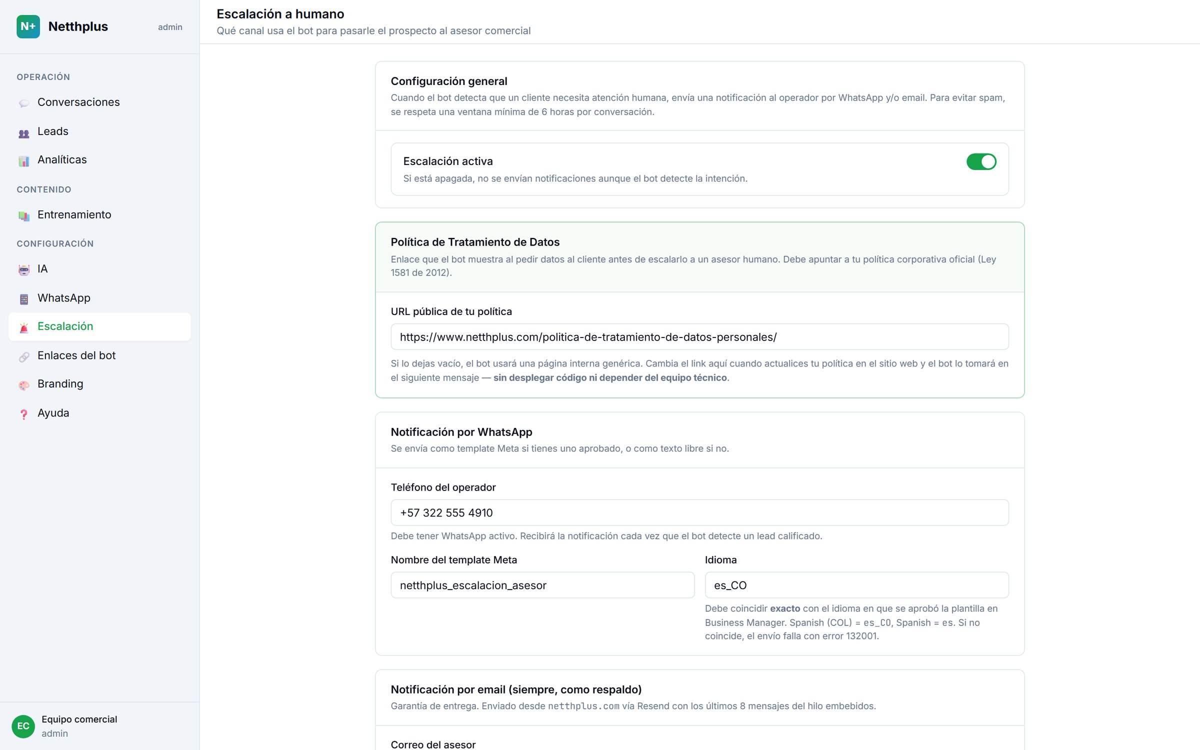 Escalation settings with data-policy URL and template language