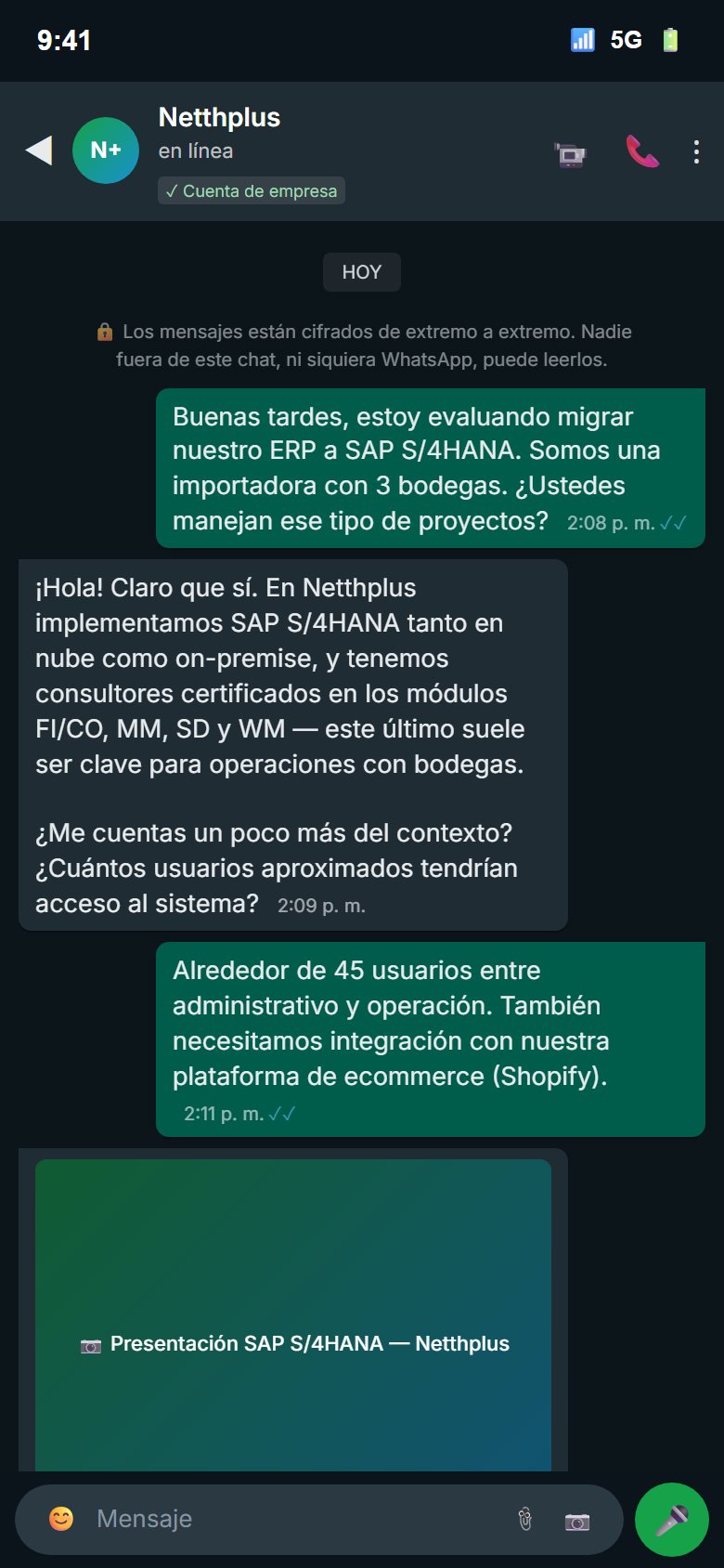 Prospect WhatsApp chat about SAP S/4HANA