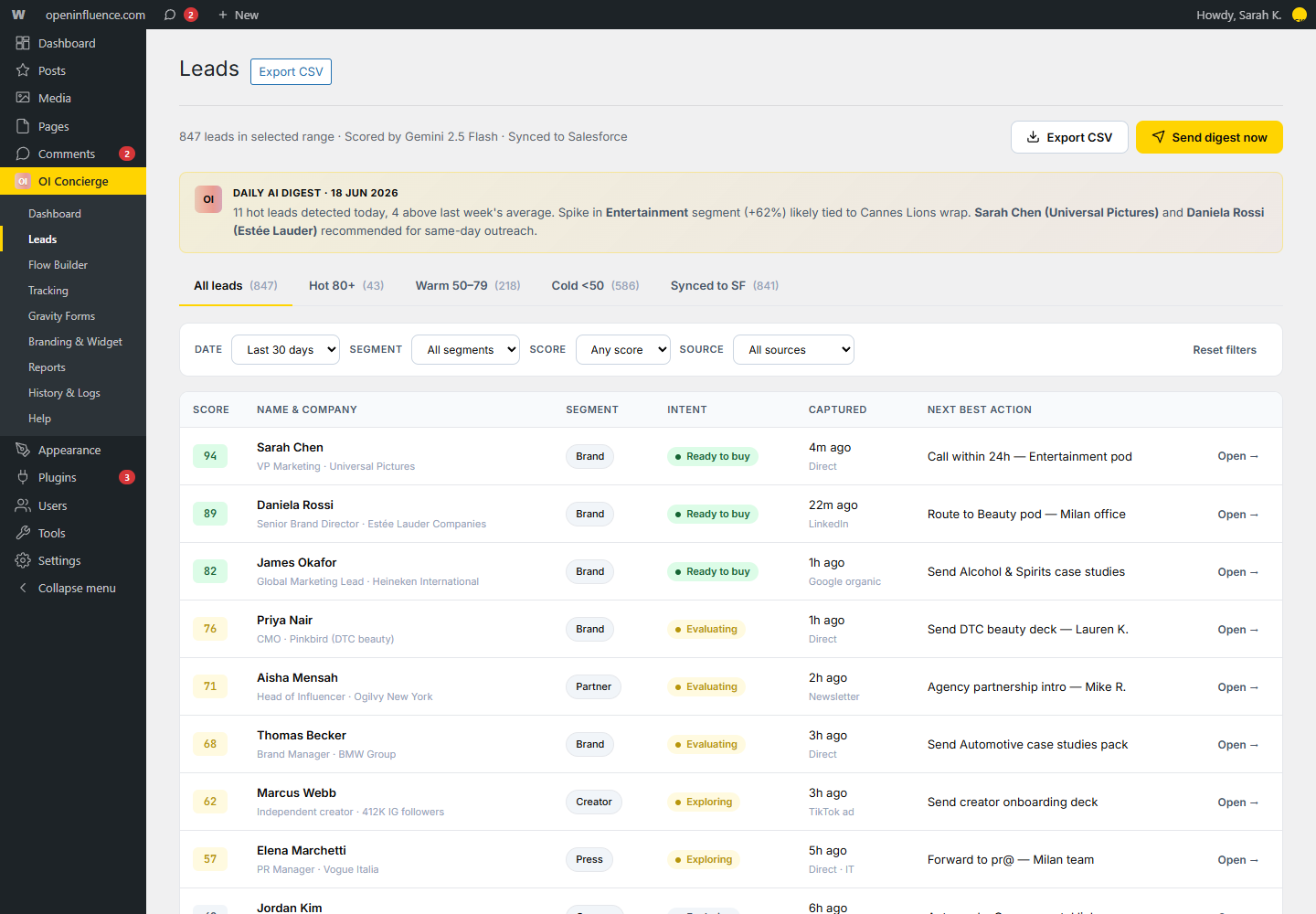 Lead intelligence sheet from the Concierge admin