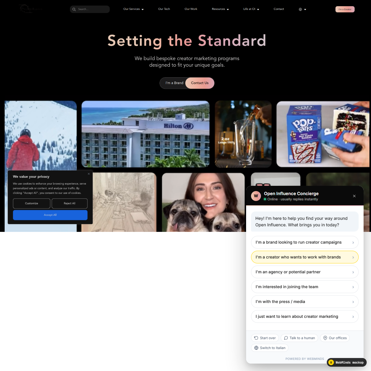 AI Concierge chatbot widget on openinfluence.com