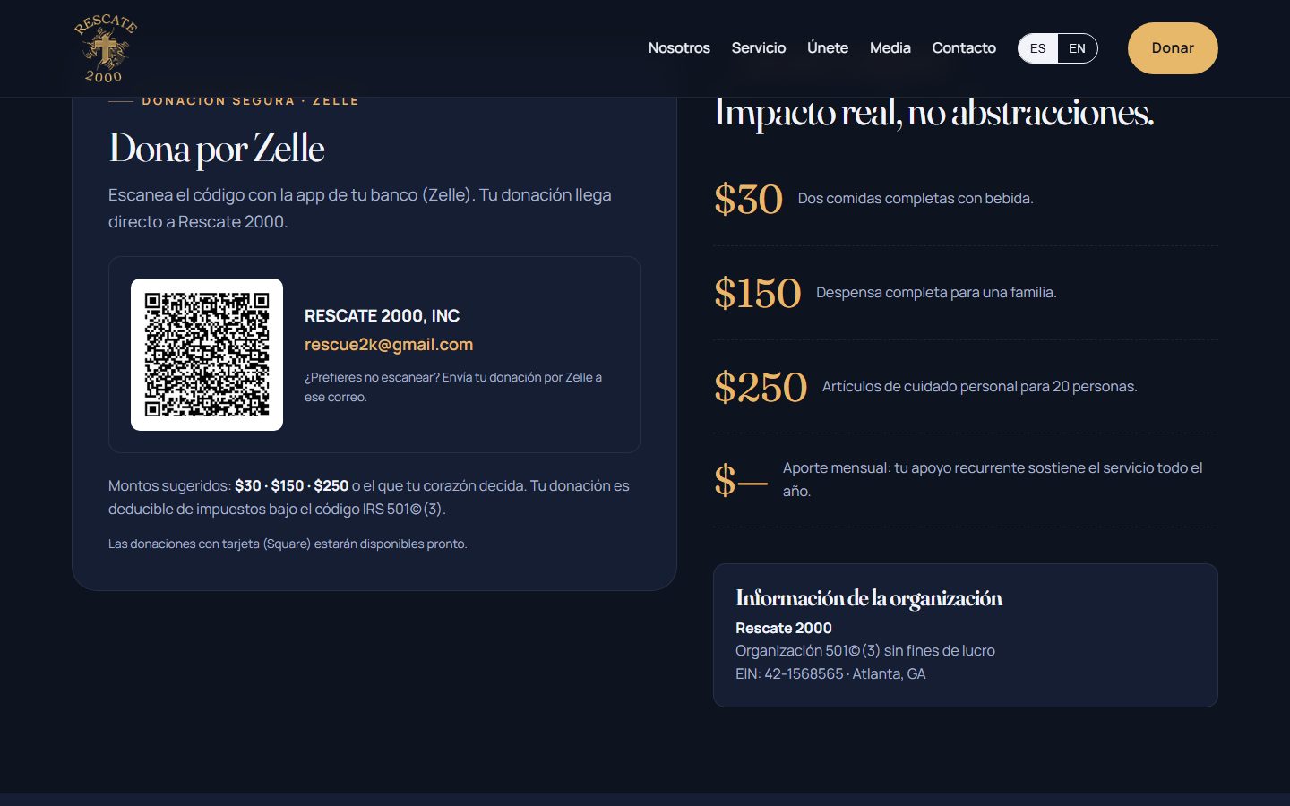 Página de donaciones con el QR de Zelle y los datos 501(c)(3) de la organización