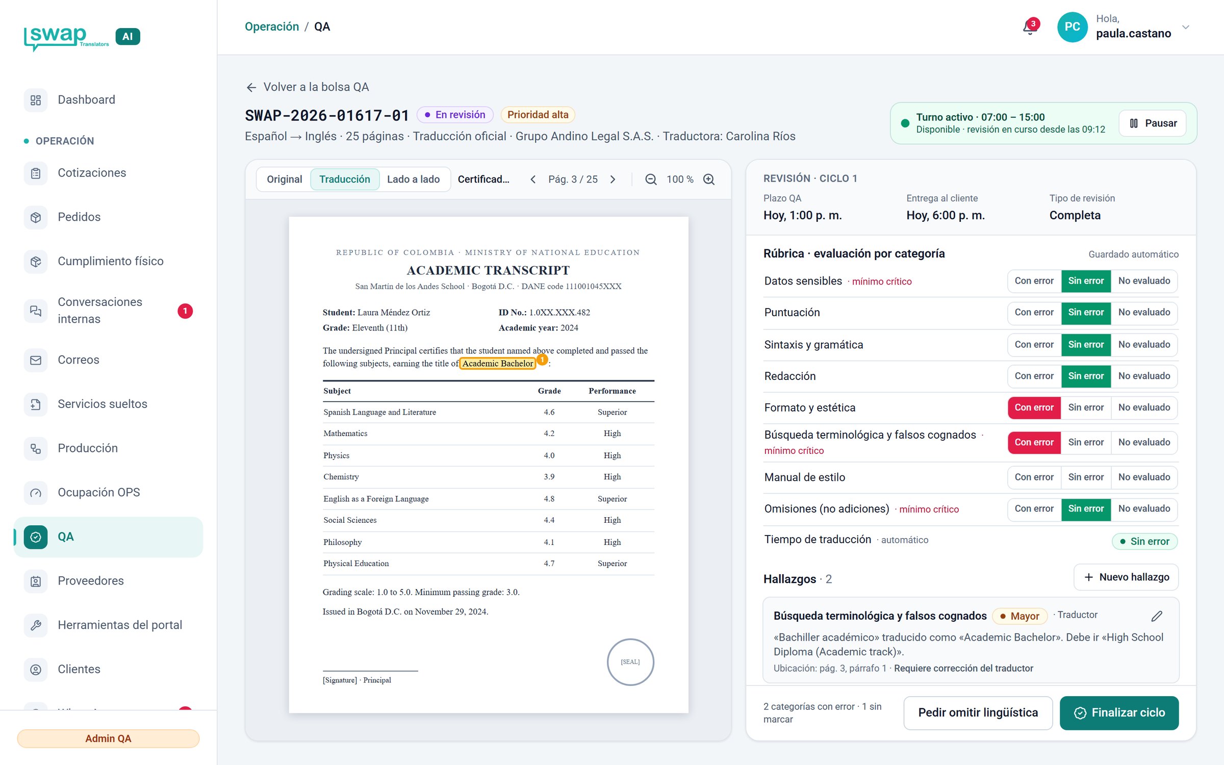 QA review with rubric and side-by-side document viewer
