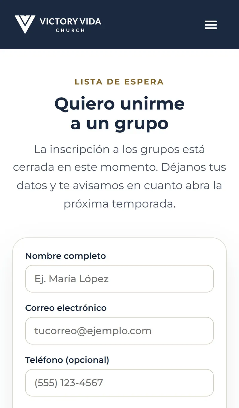 Formulario de lista de espera de grupos pequeños en el celular