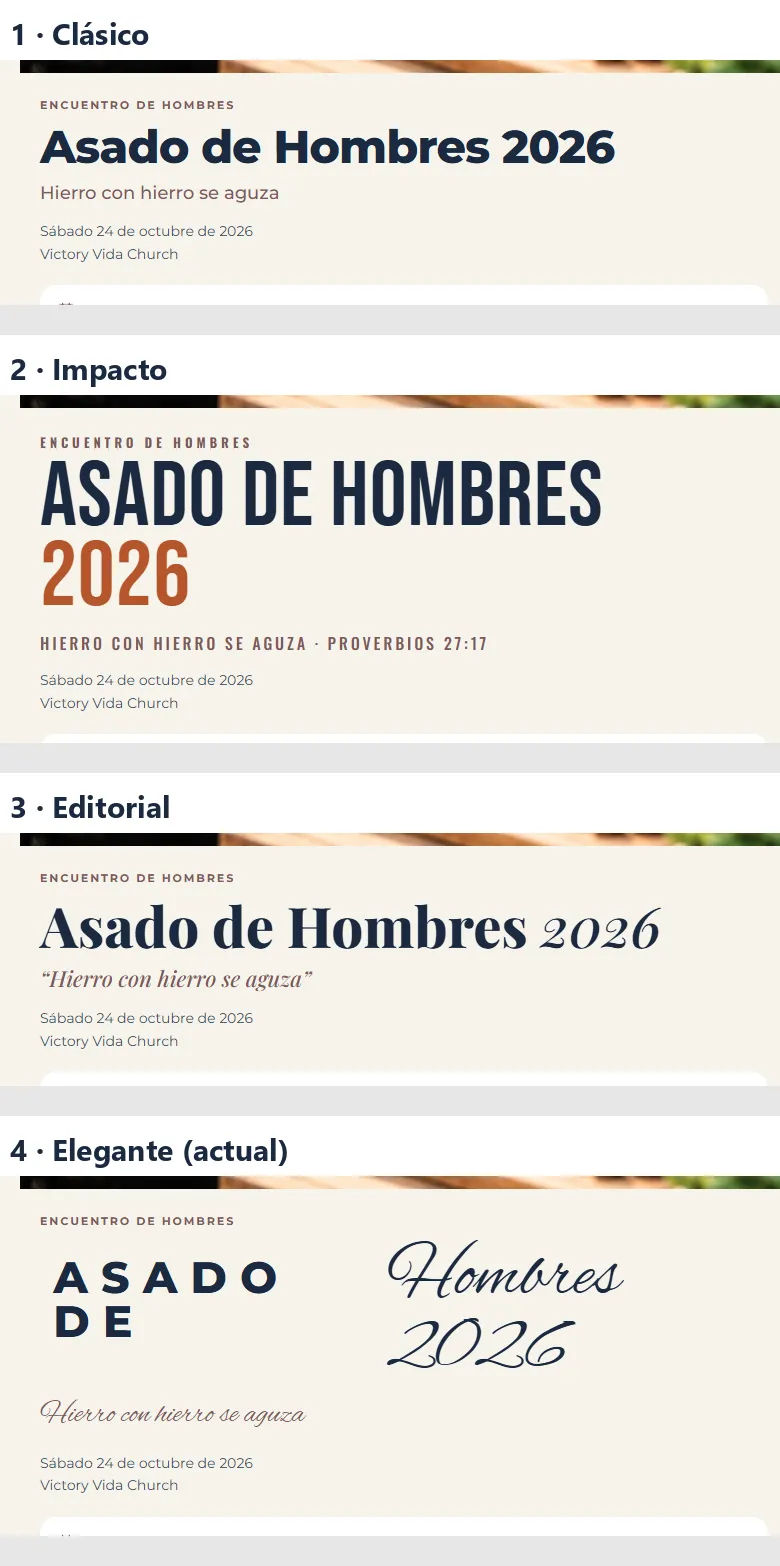 El mismo título de evento en cuatro estilos: Clásico, Impacto, Editorial y Elegante